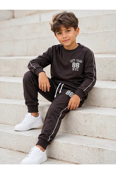 LUGMO Boy's Dark Brown 88 Embroidered Ribbed Sweatshirt Jogger Tracksuit Set