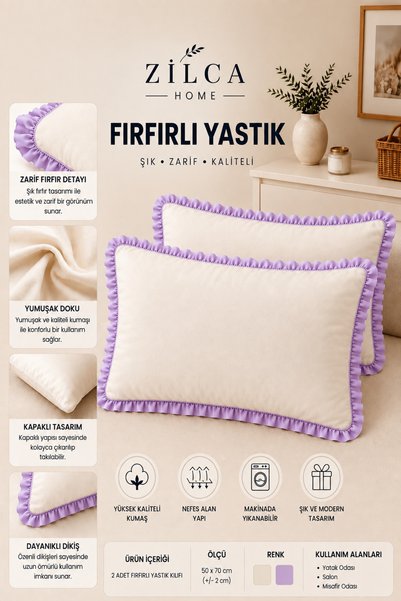 ZİLCA HOME Lilac Ruffled Pillowcase Set of 2 50X70 cm – with Cover, Without Z...