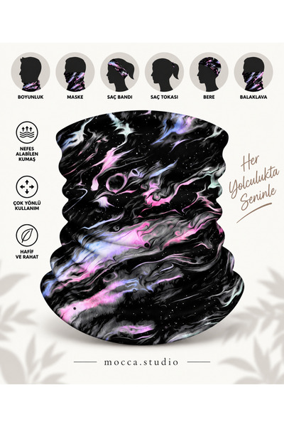 Mocca Studio Mor Pembe Galaksi Desenli Çok Amaçlı Buff Bandana Boyunluk – Maske Bere Balaklava motorcu buff