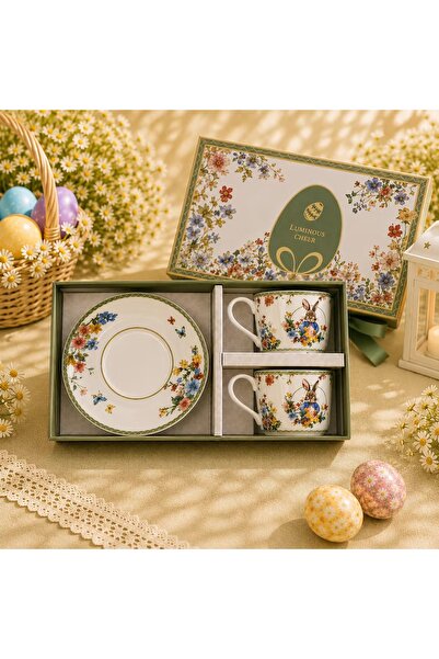Sunumluxe ÖZEL HEDİYE KUTULU TAVŞAN DESENLİ 2 KİŞİLİK KAHVE FİNCAN TAKIMI 90 ...
