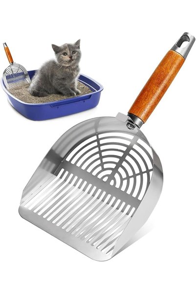 Roxolana 304 Stainless Steel Cat Litter Scoop with Wooden Handle All-in-One C...