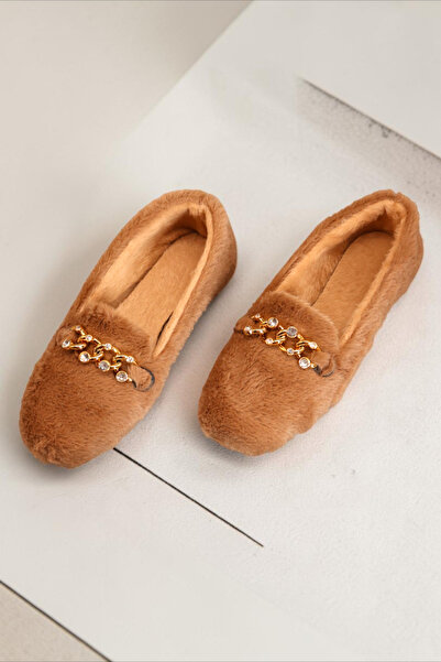 HFKY Women's Gold Chain Detailed Plush Indoor Ballerinas. Home Shoes