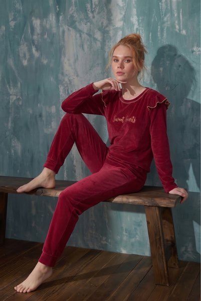 Farya Home Luxury Velvet Fransız Kadife Omuzları Fırfırlı Manşetli Pijama Takımı