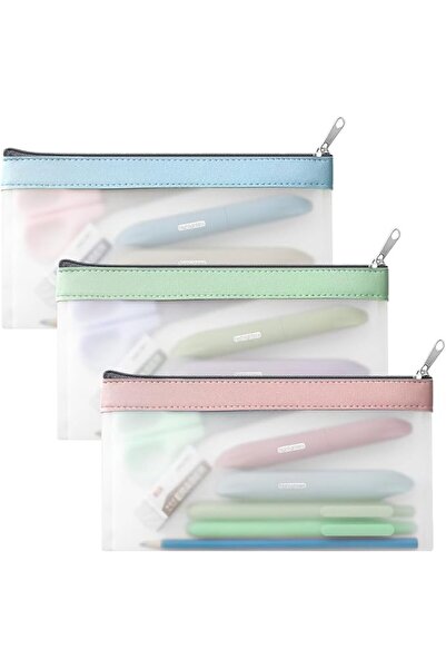 HASTHIP ® Set of 3 PVC Matte Pencil Pouches, Semi-Transparent Waterproof Stat...