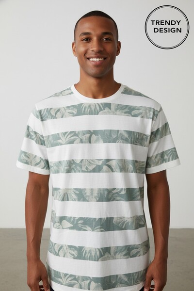 Trendy Design Tricou Casual pentru Bărbați cu Dungi și Imprimeu Tropical – St...