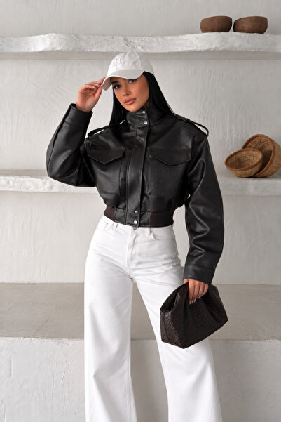 Bella Breeze Women's Oversized Stand Collar Pocket Zipper Short Epaulet Leath...