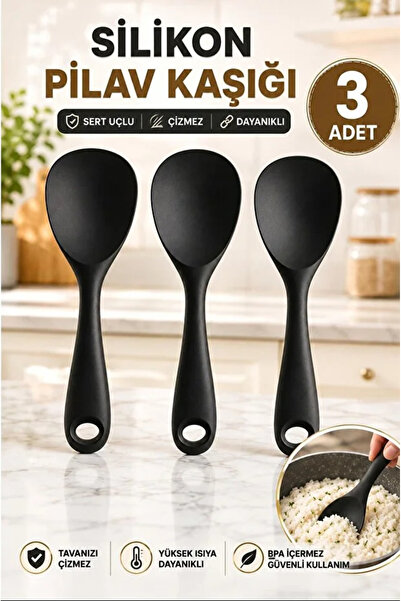 AYGÖREN HOME 3 Adet Ultra Sert Uçlu Silikon Servis Pilav Tatlı Kaşığı Kaşık S...