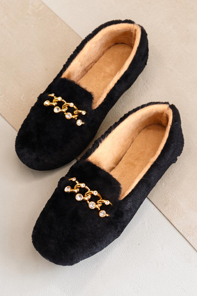 HFKY Women's Gold Chain Detailed Plush Indoor Ballerinas. Home Shoes