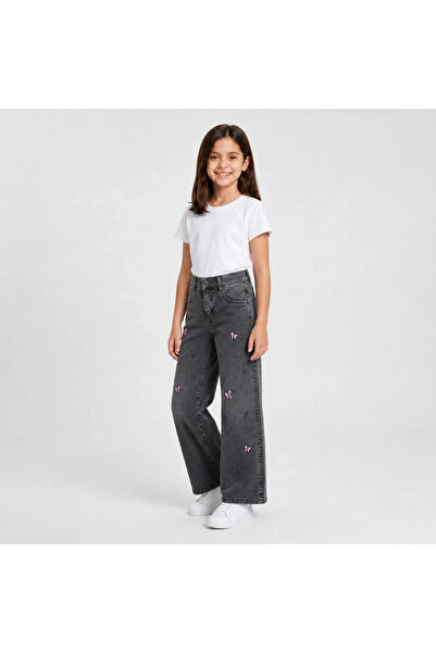 LUGMO Girl's Bow Embroidered Palazzo Jeans – High Waist Wide Leg Jeans