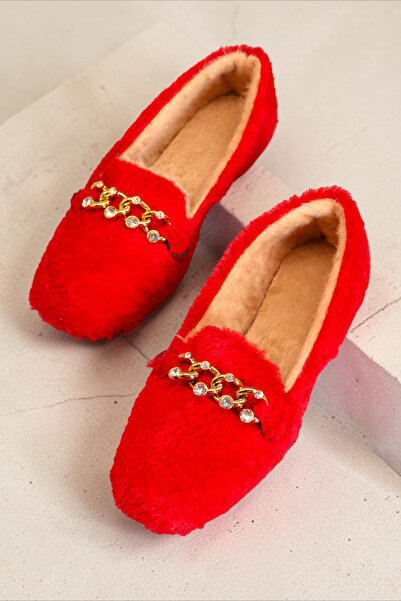 HFKY Women's Gold Chain Detailed Plush Indoor Ballerinas. Home Shoes