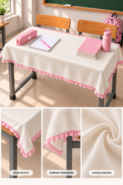ZİLCA HOME Fırfırlı Okul Sıra Örtüsü 120x55 cm – Çift Kişilik Öğrenci Masa Ör...