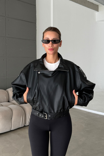NET OF NOT ZR Model Siyah Oversize Dik Yaka Kemerli Deri Ceket
