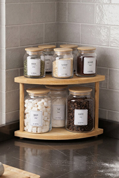 Dolkin Home 2-Tier Wooden Stand Organizer Set of 8 - Set of 5 300 ml Spice Ja...