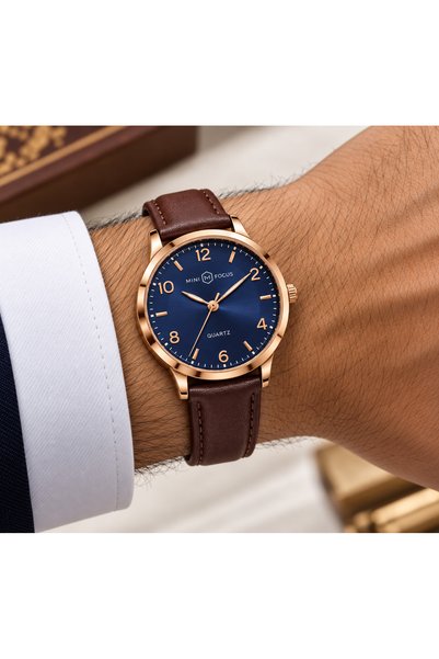 Generic Brand Classic Men's Watch with Brown Strap and Navy Dial Looster Time