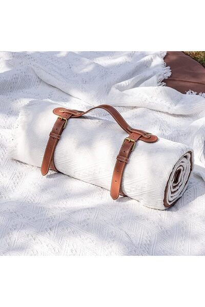 Generic 2-in-1 Waterproof Picnic Blanket with Leather Straps, 180x180cm, Whit...