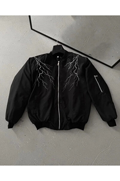 Şeker Portakalım    Lightning Printed Long Sleeve Bomber Jacket - Black