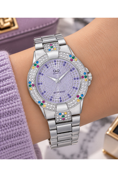 Q&Q Women's Wristwatch Silver Color Lilac Dial Zircon Stone Casual and Stylis...