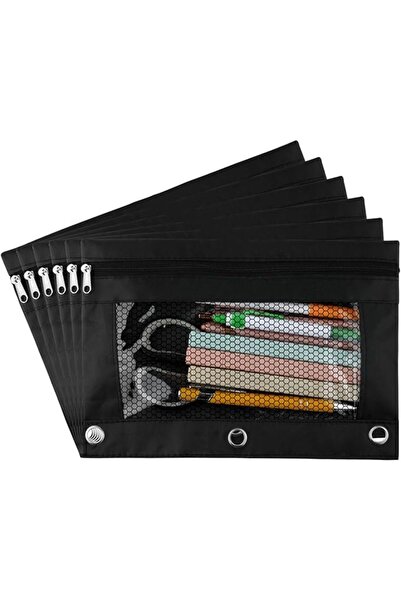 NQEUEPN 6pcs three hole pencil cases, Binder Pouch with 3 Ring black Fabric C...