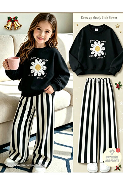 İBRE PEK-ŞIK MODA KIZ ÇOCUK PAPATYA DESENLİ BİSİKLET YAKA SWEATŞHIRT TAKIM