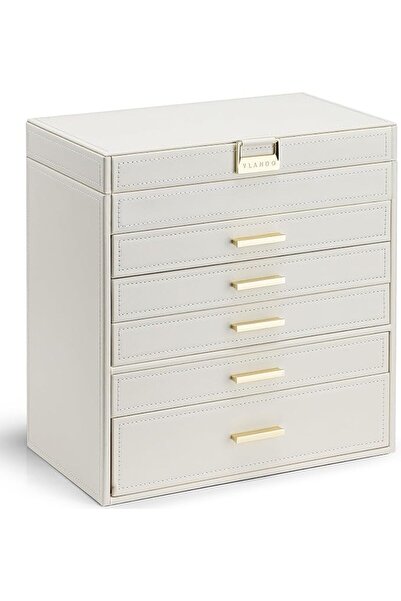 VLANDO Large Jewelry Box, 6 Layer Storage, Removable Dividers, Beige