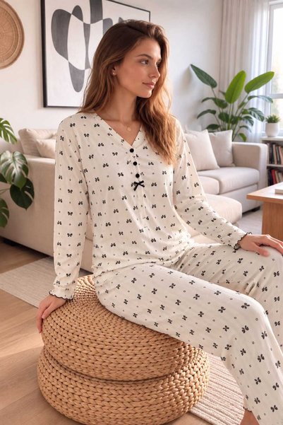 PİJAMA VAKTİ Women's Pajama Set with Polka Dots and Bow Detail