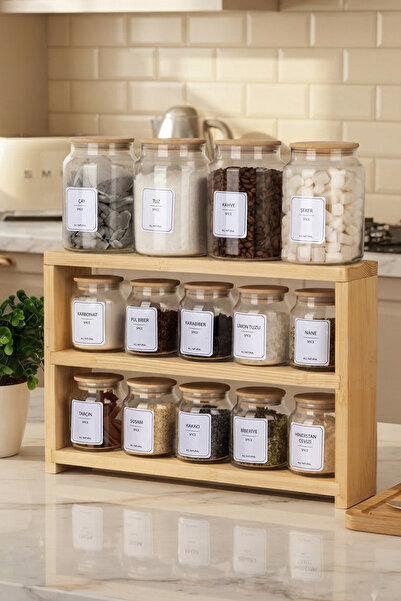 Dolkin Home 3 Katlı Ahşap Stantlı 14'lü Organizer Set - 10'lu 300 ml Baharatl...