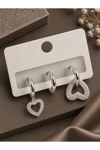 serelya Brass Zircon Stone Heart Model Silver Color 3-Piece Double Women's Ea...
