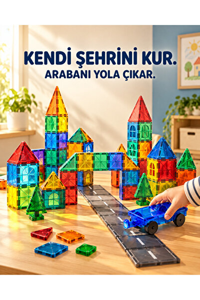 KİDSLAR 40 Parça Mıknatıslı Manyetik Yapı Blokları Arabalı Şasi ve Model Kita...