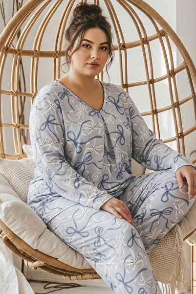 Siyah İnci Desenli Büyük Beden Battal Boy Viskon Örme Pijama Takım 26224851