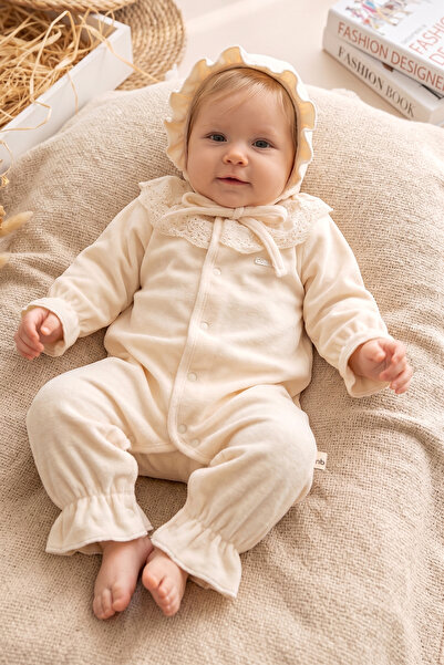 Babymod Kadife Fisto Yakalı Şapkalı Kız Bebek Tulum