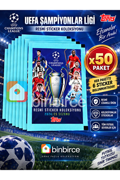 Topps, UEFA Şampiyonlar Ligi 2024-25 Sezonu Çıkartma (Sticker) Paketi x 50 PAKET