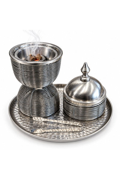 VENDIX Silver Bakhoor Burner Set with Hammered Tray, Lidded Storage Pot & Tongs