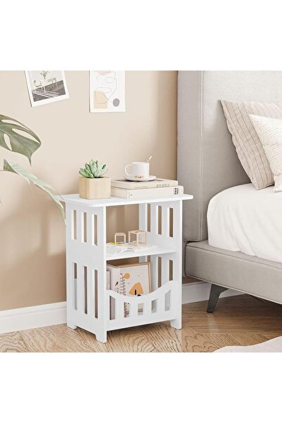 XICEN White Bedside Table with Storage Shelf Basket, Small Spaces, Slim Coffe...