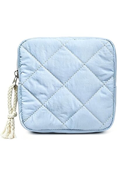 Tazweeq Blue Nylon Menstrual Product Organizer, Quilted Travel Pouch for Sani...