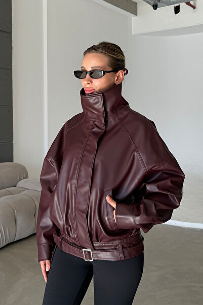 NET OF NOT ZR Model Bordo Dik Yaka Oversize Kemerli Mont Deri Ceket