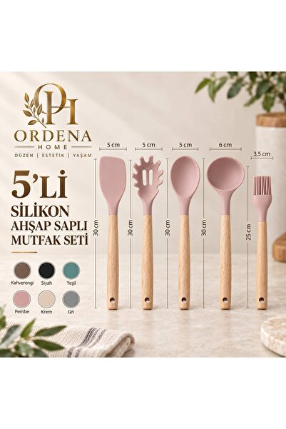 Ordena Home 5 Parça Pembe Silikon Mutfak Gereçleri Seti Ahşap Saplı Kepçe Kaş...