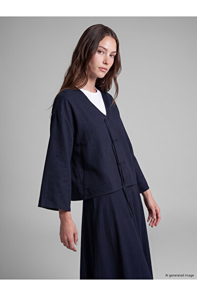 LC Waikiki Lcw Modest Navy Blue Ornate Buttoned Oversize Women's Kimono