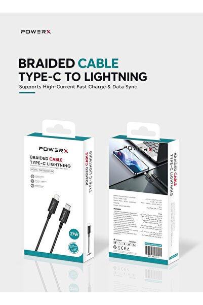 Powerx كابل شحن ونقل بيانات سريع من النوع C إلى Lightning، بطول 1 متر، أسود، بقوة 27 واط