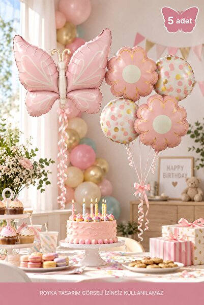 5 Parça Pembe Kelebek Balon Seti – Çiçek ve Puantiyeli Folyo Balon Doğum Günü Parti Süsleme Seti