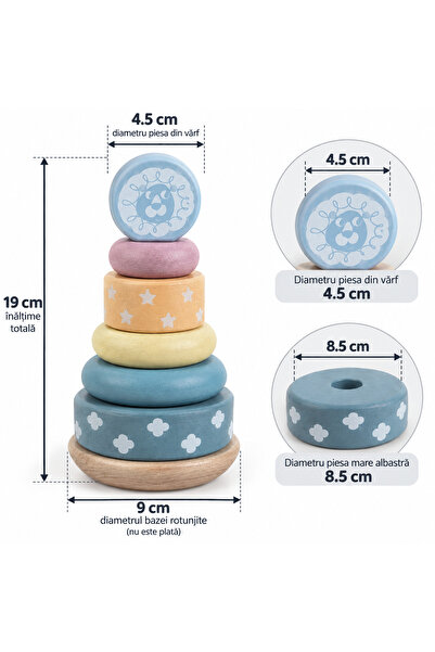 KABI Jucarie educativa Montessori din lemn- Turn stivuire Rainbow Tower, + 12 luni