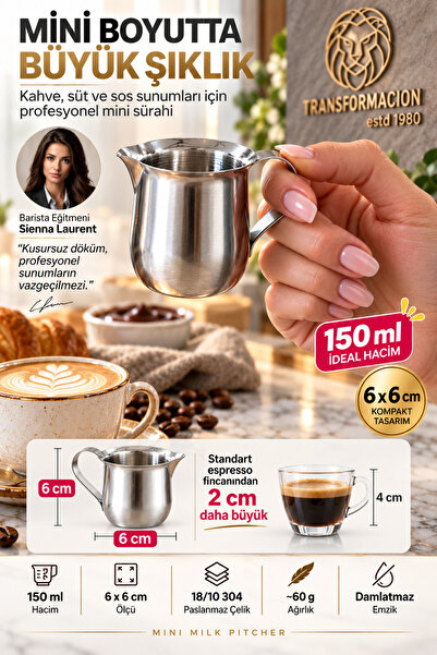 Transformacion 150 ml 6x6 cm Mini Sütlük Espresso Pitcher Sosluk Sürahisi 18/10 304 Paslanmaz Çelik 723667