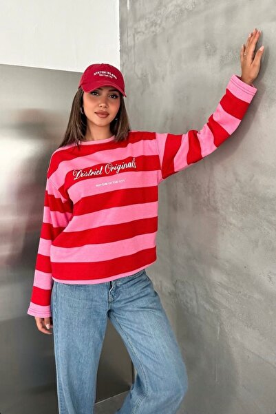 gozdefashion Kadın District Yazı Detaylı Çizgili Sweatshirt