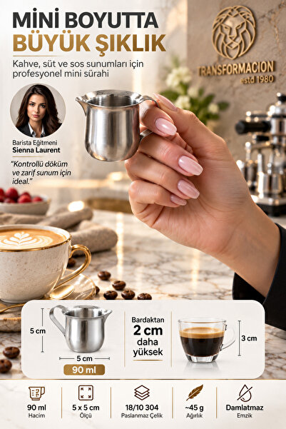 Transformacion 90 ml 5x5 cm Mini Sütlük Espresso Pitcher Sosluk Sürahisi 18/10 304 Paslanmaz Çelik 723666
