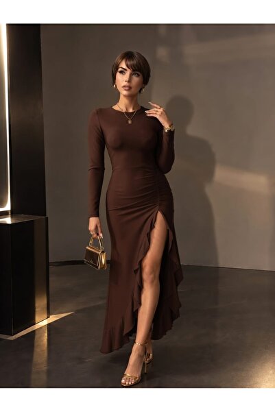 charango Women's Long Sleeve Side Gathered Slit Detailed Slit Lycra Long Asymmetrical Skirt Dress