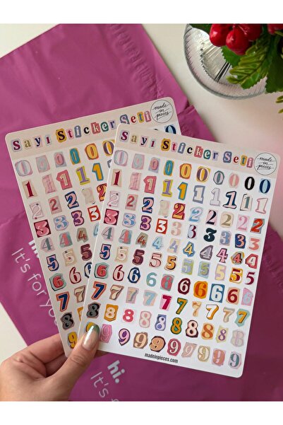 Made in Pieces Sayı Sticker Seti 200 Adet – 0-9 Rakam Stickerları 2 Sayfa Ren...