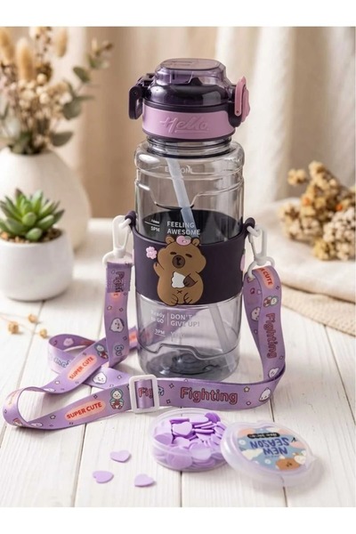 ÇEÇEN HOME Cute Figured Strap Water Bottle with Straw School & Sports Water B...