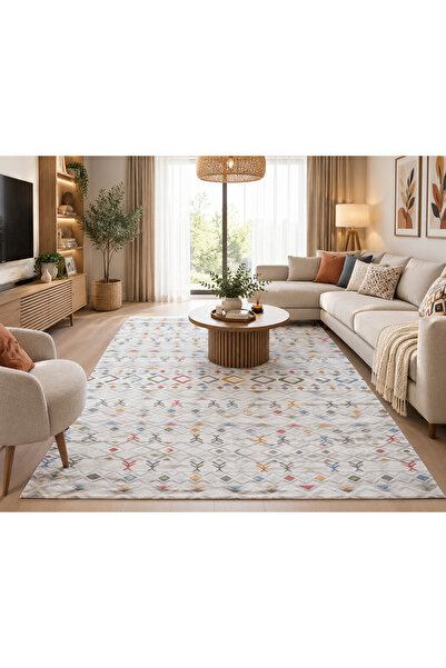Çok Renkli Bohem Geometrik Desenli Kaymaz Taban Halı – Modern Dekoratif Salon, Oturma Odası, Antre ve Yatak Odası Halısı