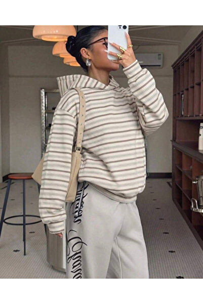 Dijital Baskılı Çizgili Oversize Hoodie