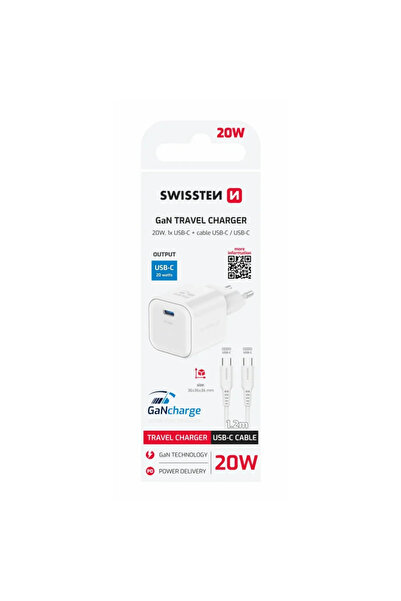 SWISSTEN Încărcător rapid Retea GaN, 20W, Power Delivery, 1x USB-C, Include c...