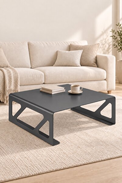 Kare Paslanmaz Çelik Orta Sehpa - 80x80 cm - Geometrik Kesim Çelik Gövdeli Modern Sehpa - Metal Salon Sehpası
